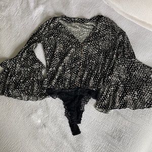 Free People Black and White Floral Bodysuit